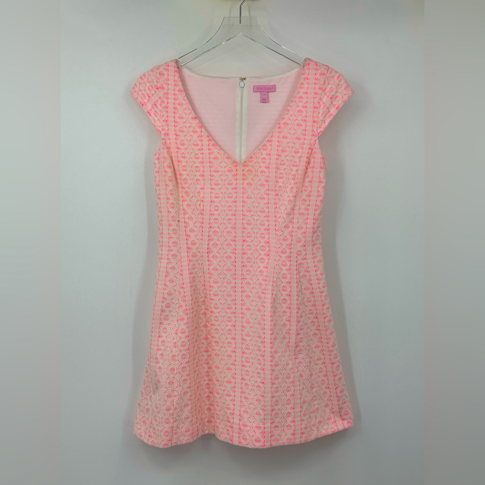 Lilly Pulitzer Pink White Lace Fit & Flare Dress V Neck Size Small - Picture 1 of 11
